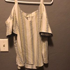 White, yellow, and black cold shoulder top